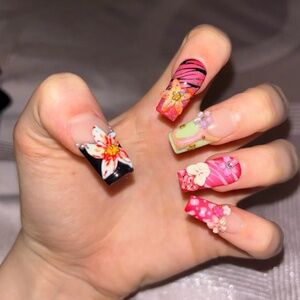 floral orchid hibiscus long square press on nails tropical flowers flora garden